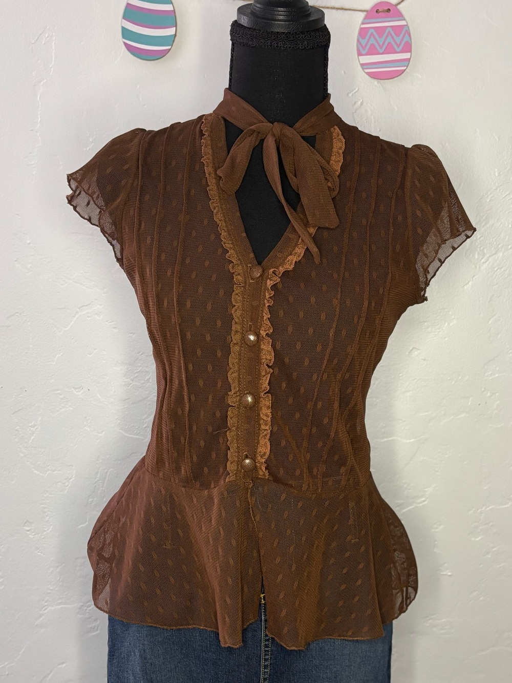 Vintage Brown Tie-Neck Peplum Blouse with Ruffle Trim